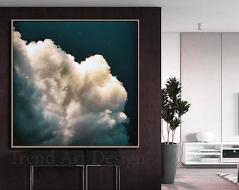 50'', Dark Teal Cloud Painting, Large Cloud Art Celestial Watercolor, Minimalist Abstract, Large Canvas Print, Bedroom Wall Art, Trend Decor