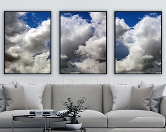 Blue White Art, Cloud Wall Art SET OF 3 CANVAS Prints, Extra Large Wall Art Decor - 90 inch