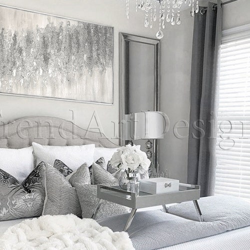 White Grey Wall Art Silver Glitter Art With Silver Leaf Etsy
