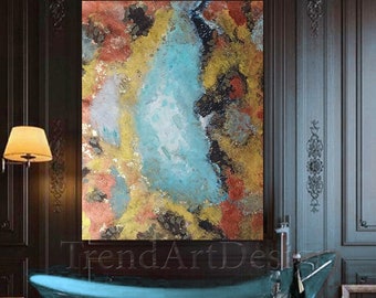 Gilded Abstract Acrylic Painting - Contemporary Wall Decor - Handmade Turquoise Copper Gold Artwork on Canvas - Original Painting