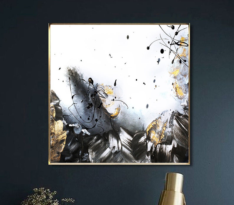 40'', Black White Gold Leaf Wall Art Abstract Painting Minimalist