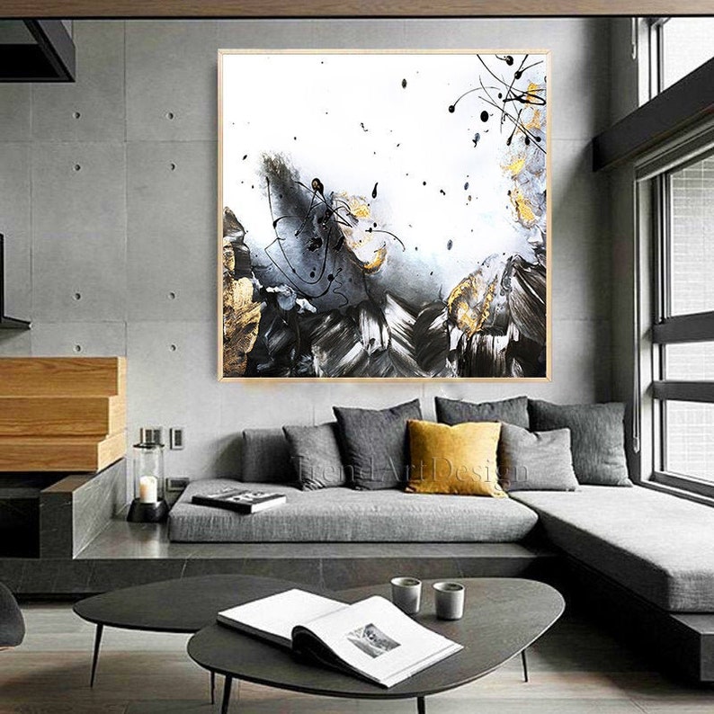 40'', Black White Gold Leaf Wall Art Abstract Painting Minimalist