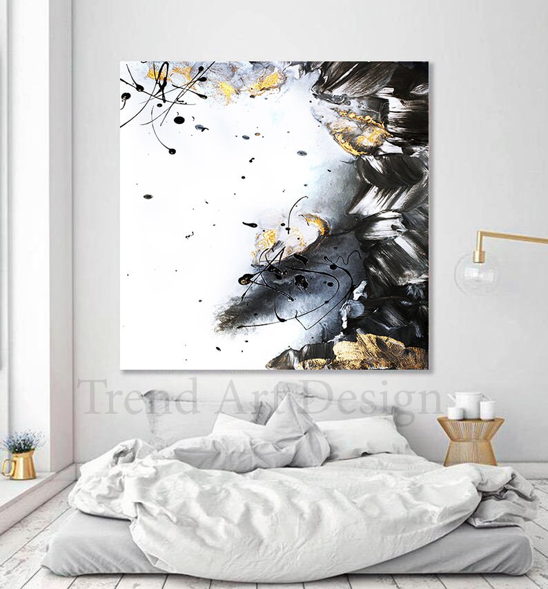 40'', Black White Gold Leaf Wall Art Abstract Painting Minimalist