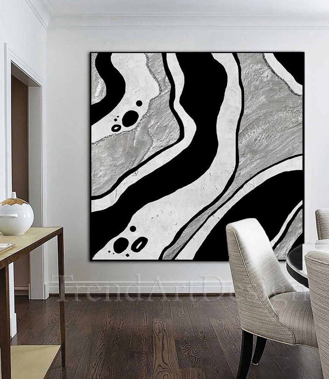 Black White Gray Modern Painting Abstract Silver Glitter Wall Etsy
