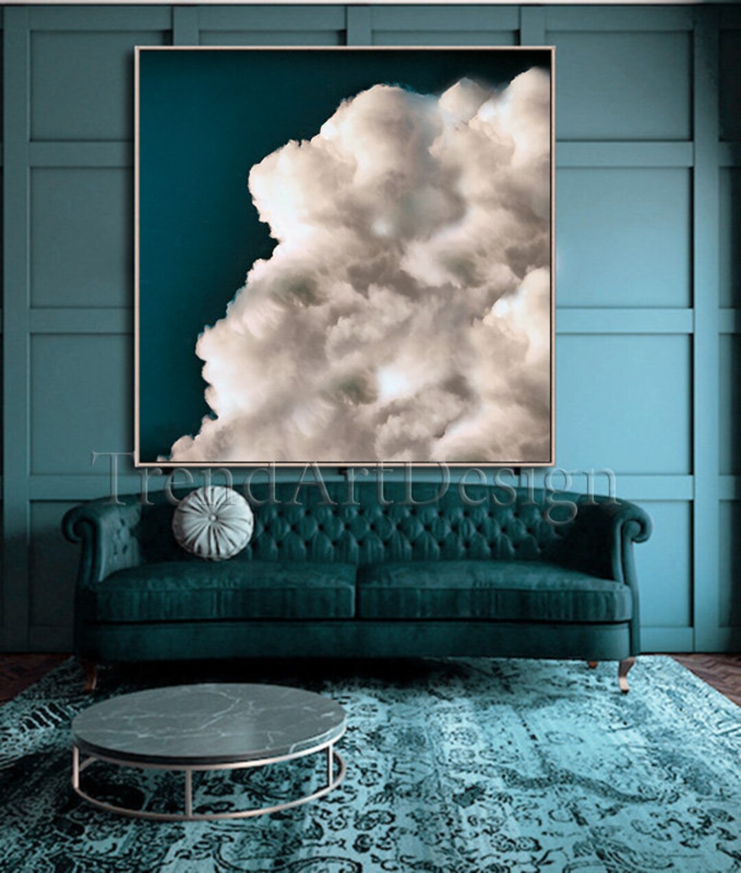 Large Cloud Art Dark Teal Wall Art Minimalist Painting on Canvas Cloud ...
