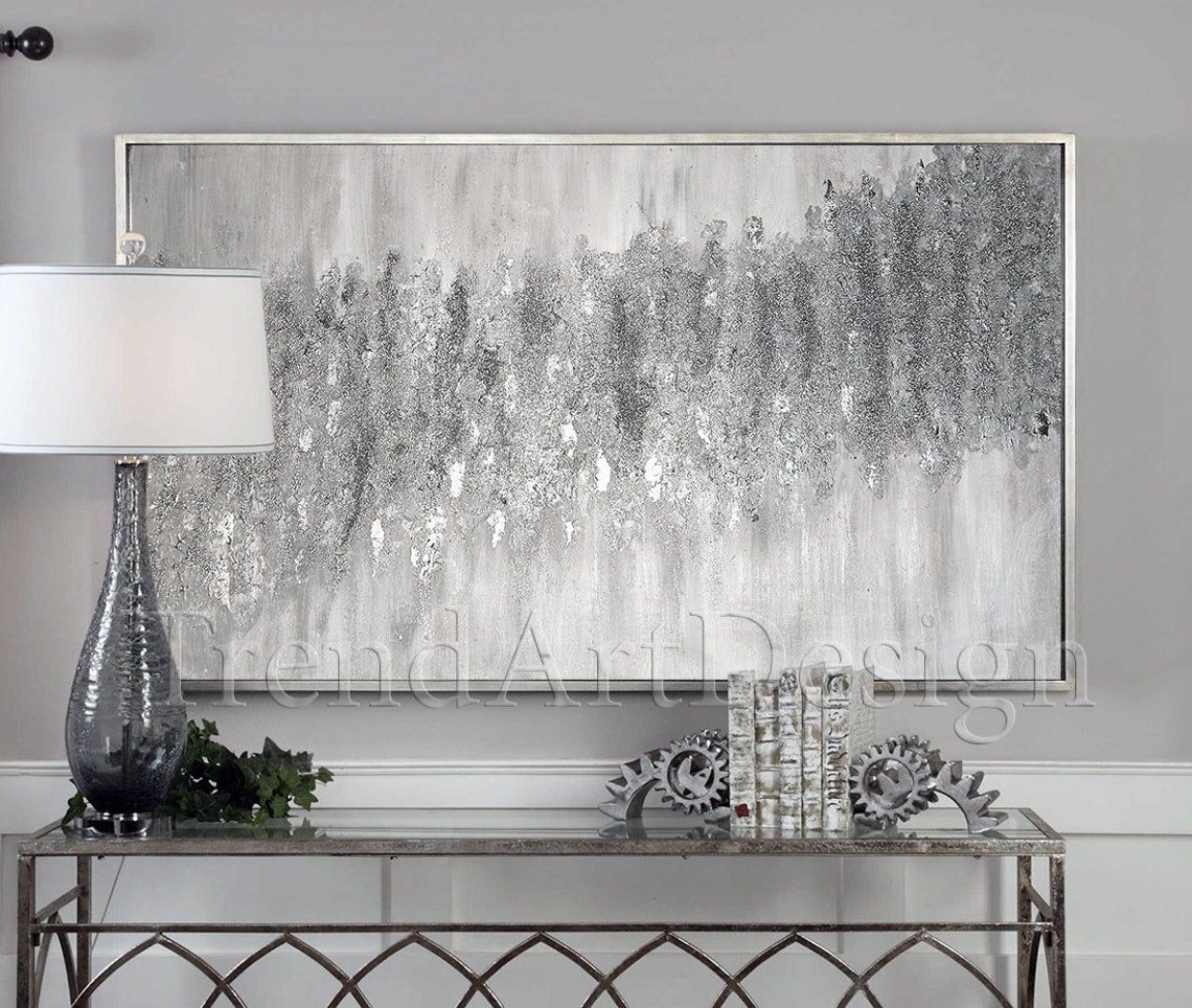 White Grey Wall Art Silver Glitter Art With Silver Leaf Etsy UK
