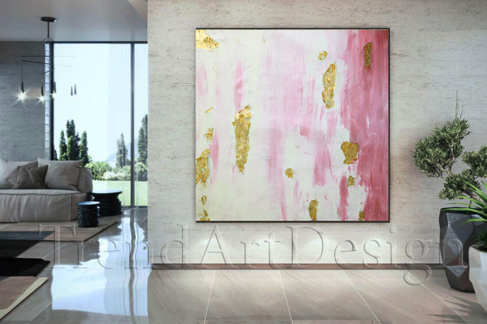 Pink Gold Wall Art Gold Leaf Abstract Painting Large FRAMED Etsy