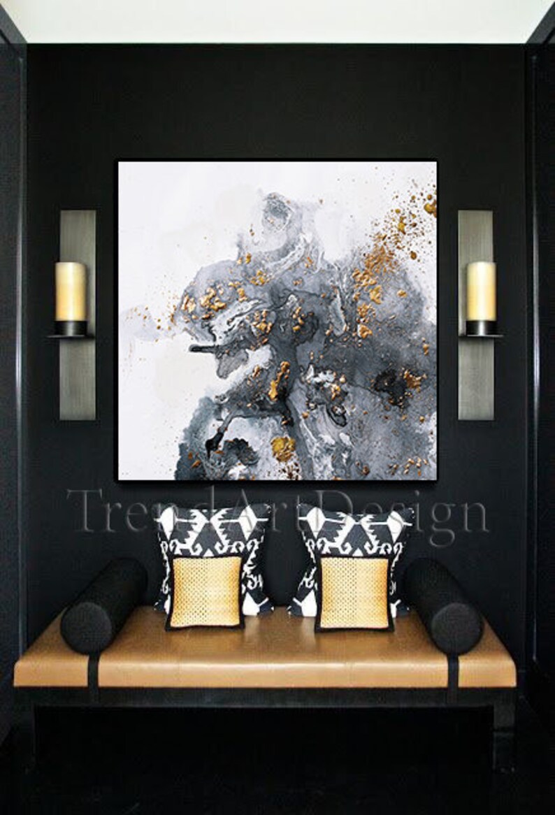 Gray Wall Art Set of Two, Gold Leaf Painting, Abstract Canvas Prints