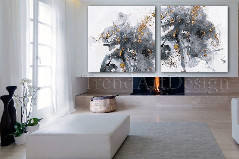 Gray Wall Art Set of Two Gold Leaf Painting Abstract Canvas - Etsy