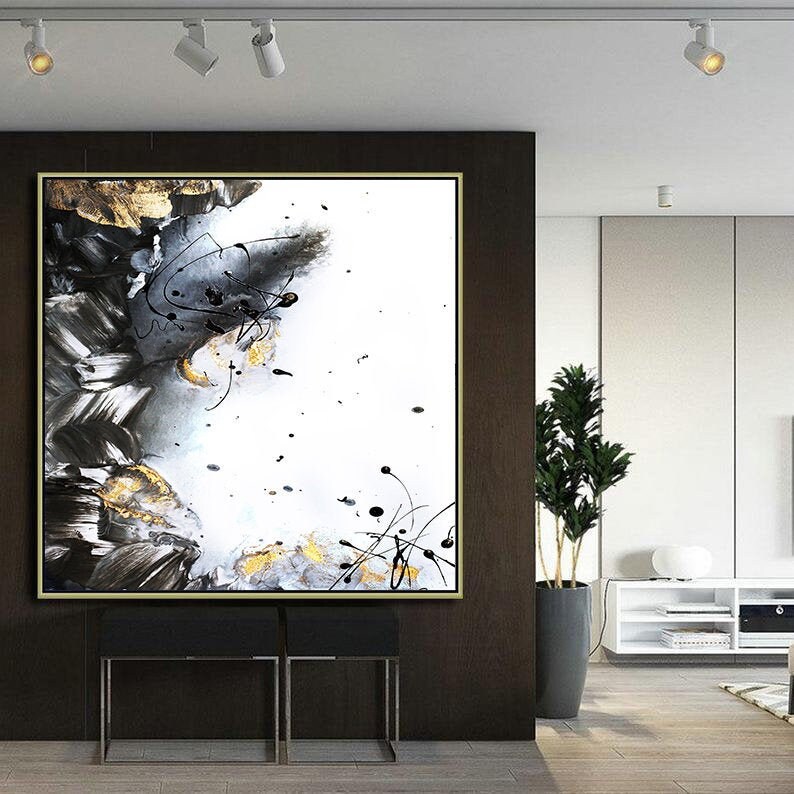 40'', Black White Gold Leaf Wall Art Abstract Painting Minimalist