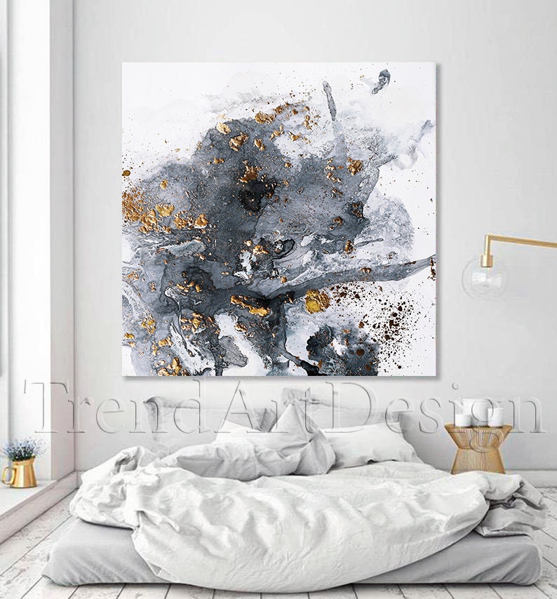 Gray Wall Art Set of Two, Gold Leaf Painting, Abstract Canvas Prints