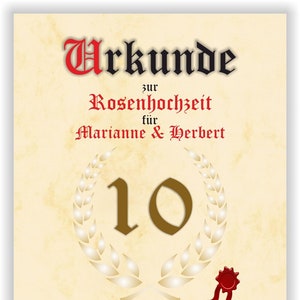 Poster zum 10. Hochzeitstag der Rosenhochzeit - Bild Urkunde mit Namen personalisiert Rosen Hochzeit Geschenkidee