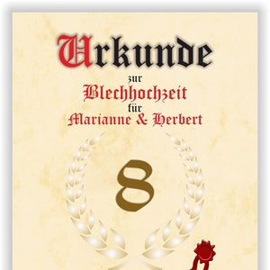 Poster zum 8. Hochzeitstag der Blechhochzeit Bild Urkunde mit Namen personalisiert Blech Hochzeit Geschenkidee