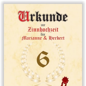 Poster zum 6. Hochzeitstag Zinnhochzeit Bild Urkunde mit Namen personalisiert Zinn Hochzeit Geschenkidee