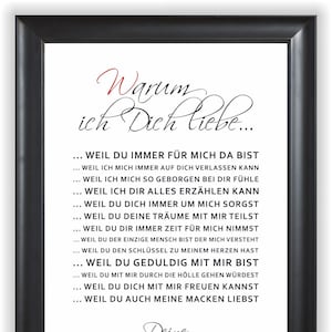 Warum ich Dich Liebe personalisierte Geschenk-Idee Liebeserklärung Danksagung Kunstdruck für Frauen Männer Liebes-Paar Freund Freundin