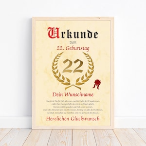 Urkunde zum 22 Geburtstag personalisiert mit Name Glückwunsch Deko Poster Bild 22 Jahre Mann Frau persönliches Geschenk DIN A4