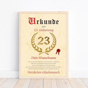 Urkunde zum 23 Geburtstag personalisiert mit Name Glückwunsch Deko Poster Bild 23 Jahre Mann Frau persönliches Geschenk DIN A4