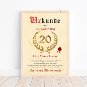 Urkunde zum 20 Geburtstag personalisiert mit Name Glückwunsch Deko Poster Bild 20 Jahre Mann Frau persönliches Geschenk DIN A4 Farbe Beige