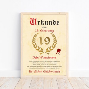 Urkunde zum 19 Geburtstag personalisiert mit Name Glückwunsch Deko Poster Bild 19 Jahre Mann Frau persönliches Geschenk DIN A4 Farbe Beige