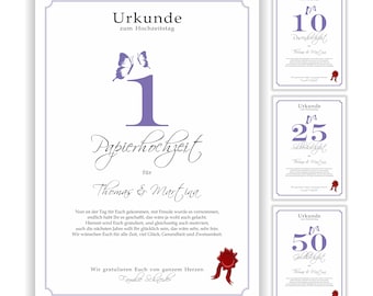 personalisierte Urkunde zum Hochzeitstag persönliche Geschenkidee zum 1-80 Hochzeitsjubiläum mit Namen der Jubilare und der Schenker