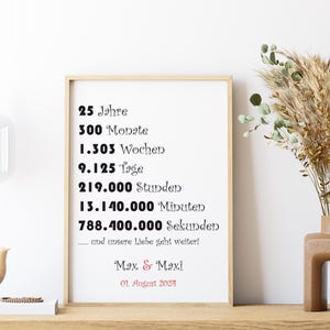 Geschenk zum 25 Jahrestag, 25 Hochzeitstag, der Silberhochzeit Deko Poster Karte DIN A4 Liebe Glückwunsch personalisiert mit Name Datum