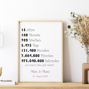 Geschenk zum 15 Jahrestag, 15 Hochzeitstag, der Kristallhochzeit Deko Poster Karte DIN A4 Liebe Glückwunsch personalisiert mit Name Datum