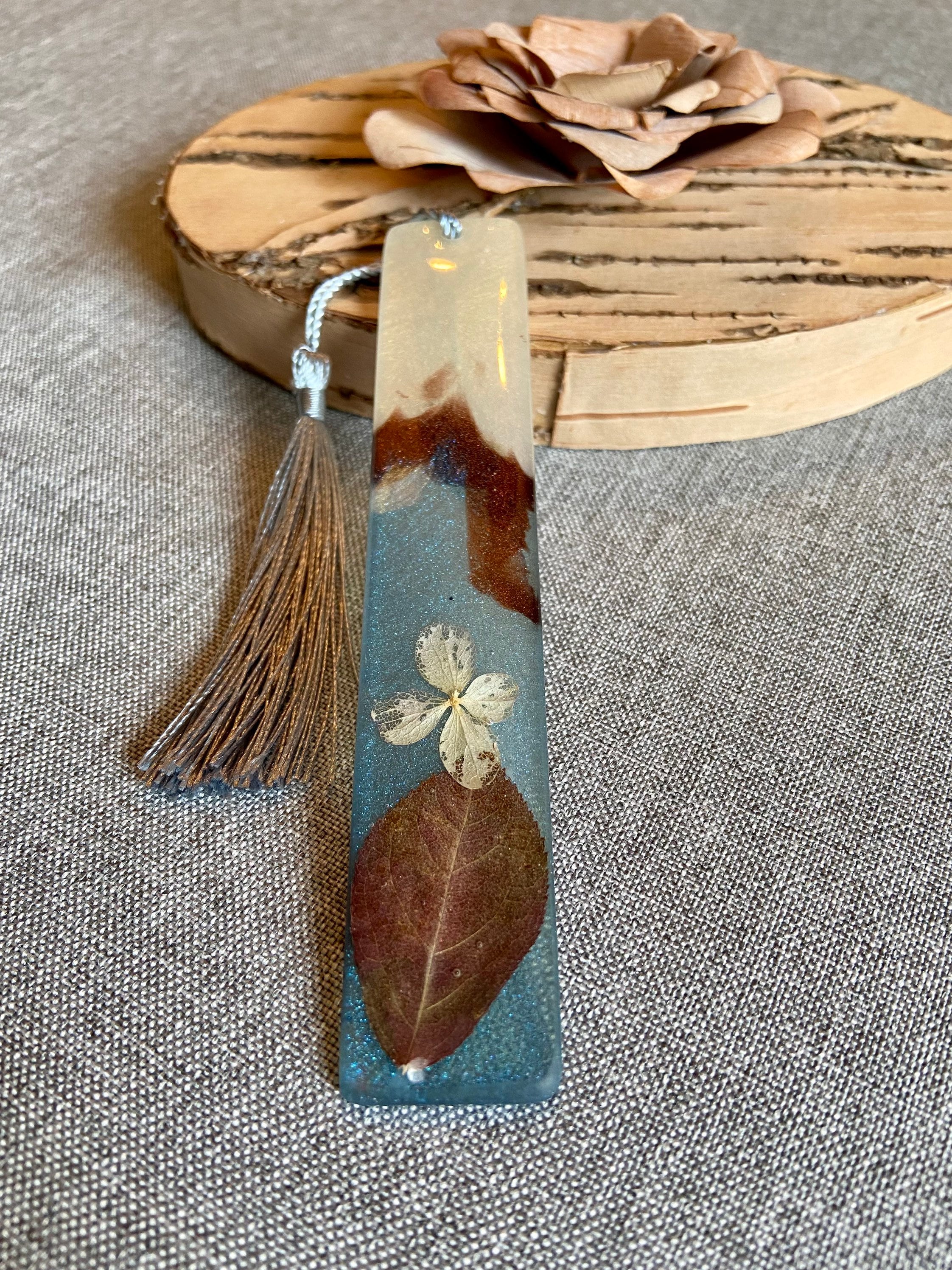 Epoxy resin bookmark with blue white and copper pigments with Etsy