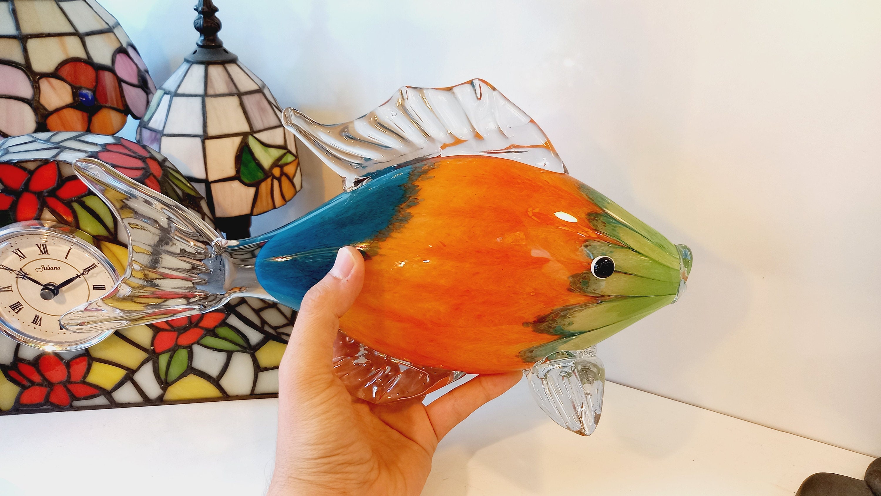Hand Blown Murano Style Multi Colored Fish , Blown Glass Fish , Glass