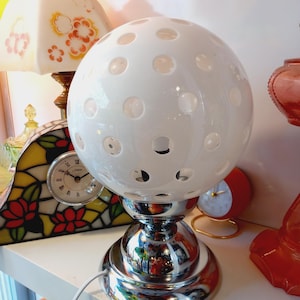 Pop Art White Opaline Glass Table Lamp – Chrome Space Age Globe Lamp – Retro 70s Mid Century Modern Home Decor – Vintage Desk Light