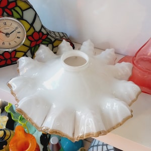 Antique European Milk Glass Lamp Shade , Home Decor Lighting , ruffled glass Lamp Shade Green