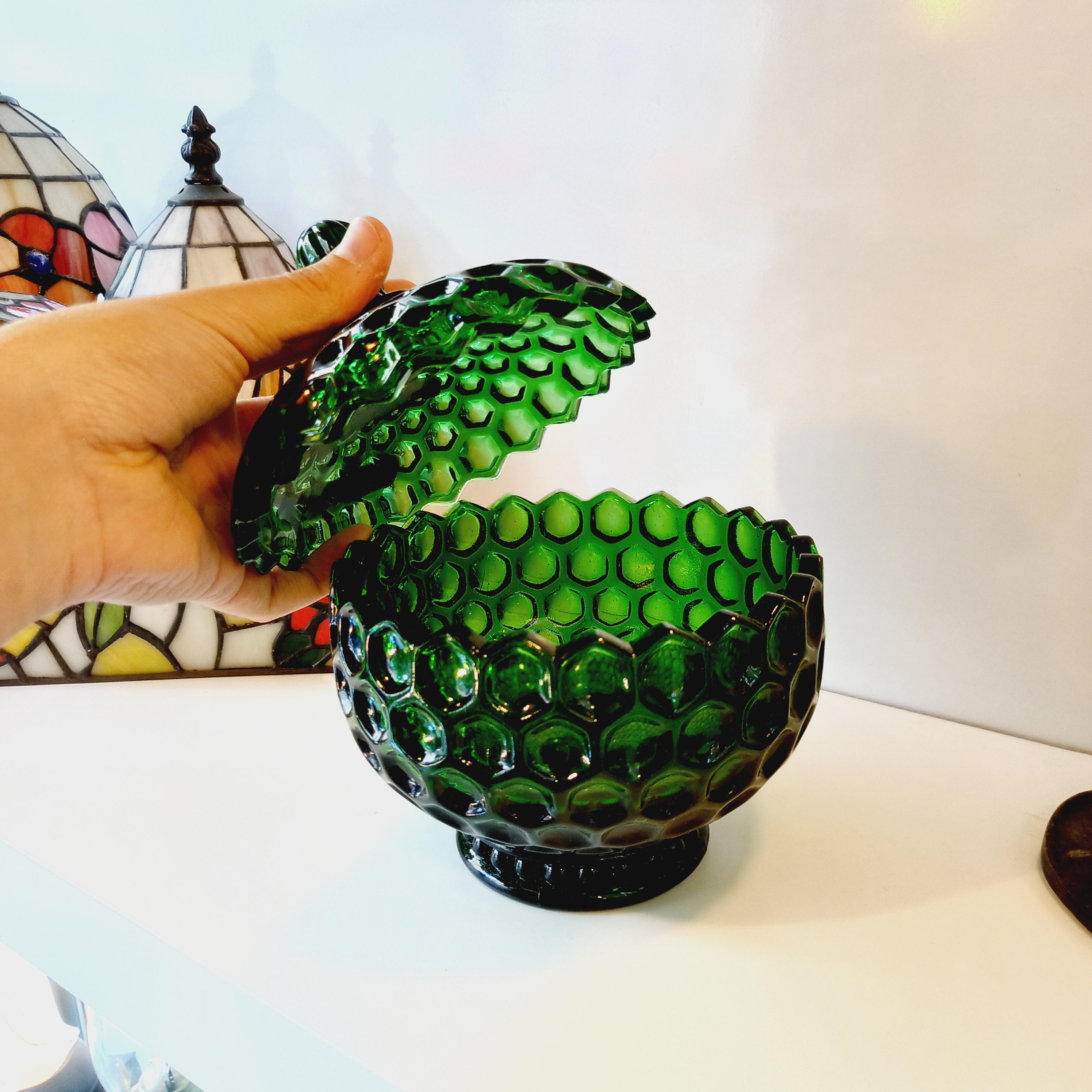 Vintage Candy Dish , Green Glass Candy Dish With Lid Etsy