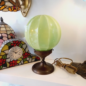 Vintage Brass Globe Table Lamp , Opaline Glass , French , Bedside Lamp , Art Deco Lamp , Ribbed Glass , Mid Century