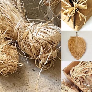 May include: A collection of natural raffia in various forms. Bundles of raffia are tied together, and some are used to decorate a wrapped gift. A raffia leaf-shaped wall hanging is also shown, along with raffia in a cardboard box.
