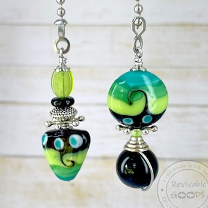 Funky Abstract Blue Green Aqua & Black Ceiling Fan/Light Pull Chain Set; Set of Two