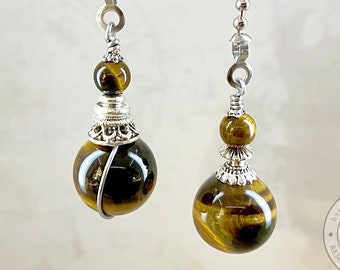 Tiger Eye Stone Pull Chains, Ceiling Fan Pulls, Lamp Pull, Set of 2, Blind Pull, Silver ball chain extension