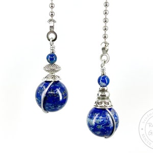 Lapis Stone, Pull Chains, Ceiling Fan Pulls, Lamp Pull, Set of 2, Blind Pull, Silver ball chain extension