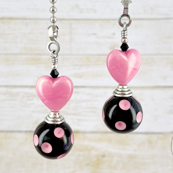 Retro Heart Beads, Pink Polka Dot, Ceiling Fan Ornament, Light Chain Pull SET of 2