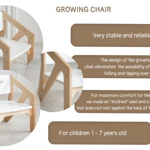 May include: A wooden children's chair with a white seat and back. The chair is designed to grow with the child, with adjustable height settings. The chair is very stable and reliable, and it is designed to prevent the child from falling or tipping over. The chair is suitable for children ages 1-7 years old.