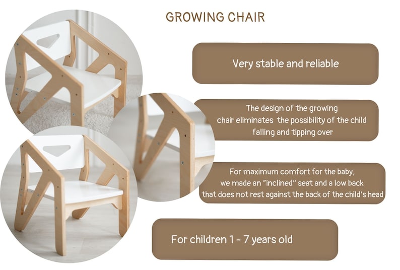 May include: A wooden children's chair with a white seat and back. The chair is designed to grow with the child, with adjustable height settings. The chair is very stable and reliable, and it is designed to prevent the child from falling or tipping over. The chair is suitable for children ages 1-7 years old.