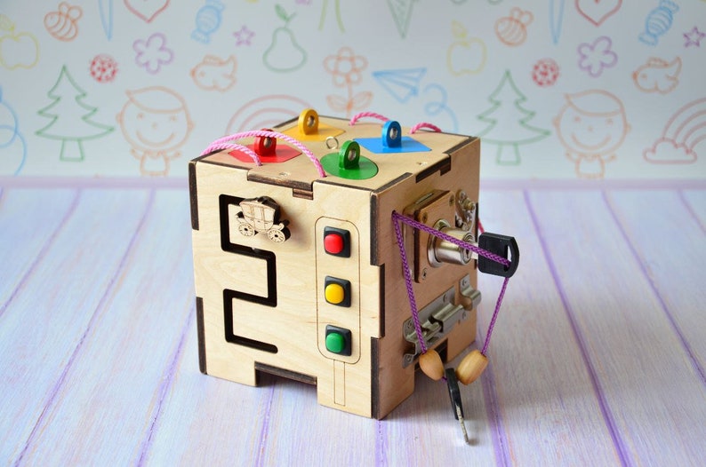 Eco Friendly Wooden Educational Busy Cube for Baby Girl, Montessori Toy, Active cube, Travel Toy, Busy Box for Toddler, Baby Birthday Gifts image 8