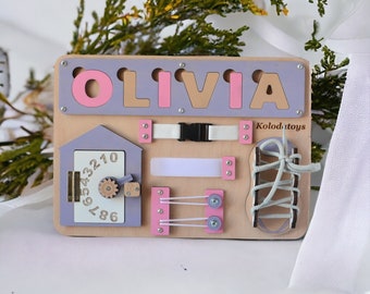Personalized busy board, 1 year old gift, Busy board for girls, Montessori toy, Development activity board, Baby name puzzle, Birthday gift
