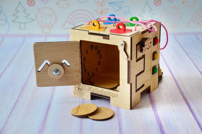 Eco Friendly Wooden Educational Busy Cube for Baby Girl, Montessori Toy, Active cube, Travel Toy, Busy Box for Toddler, Baby Birthday Gifts image 5