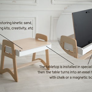 May include: A wooden children's table and easel with a white top and a drawer. The tabletop can be flipped to reveal a chalkboard or magnetic board. The drawer is labeled "drawer for storing kinetic sand, toys, drawing kits, creativity, etc."