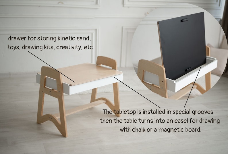 May include: A wooden children's table and easel with a white top and a drawer. The tabletop can be flipped to reveal a chalkboard or magnetic board. The drawer is labeled "drawer for storing kinetic sand, toys, drawing kits, creativity, etc."