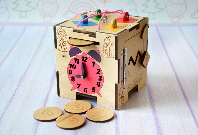 Eco Friendly Wooden Educational Busy Cube for Baby Girl, Montessori Toy, Active cube, Travel Toy, Busy Box for Toddler, Baby Birthday Gifts image 1
