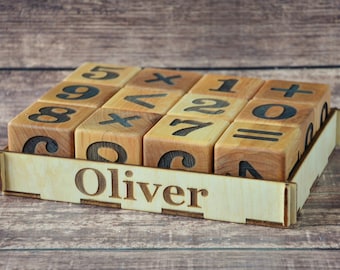 Wooden cubes with numbers and mathematical signs - Learning Math Wooden Blocks - Early education - Birthday gift - Hand-eye coordination