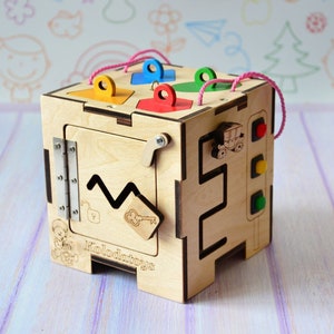 Eco Friendly Wooden Educational Busy Cube for Baby Girl, Montessori Toy, Active cube, Travel Toy, Busy Box for Toddler, Baby Birthday Gifts image 9