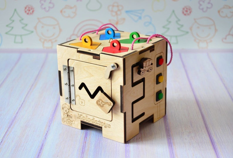 Eco Friendly Wooden Educational Busy Cube for Baby Girl, Montessori Toy, Active cube, Travel Toy, Busy Box for Toddler, Baby Birthday Gifts image 9