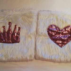 A set of two plush cushion covers designed by a shiny sequin crown and heart. Pillow Covers.  Love. Gift. Crown. Shiny.