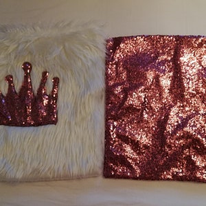 Plush cushion covers designed by a shiny sequin crown and a shiny sequin cushion covers. Pillow Covers.  Love. Gift. Crown. Shiny.